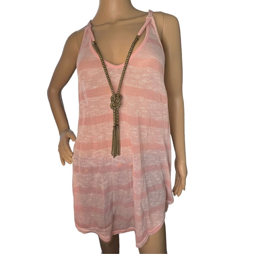 Vintage Caren Sport Knit Loose Fit Pink Striped Tank With Attached Necklace